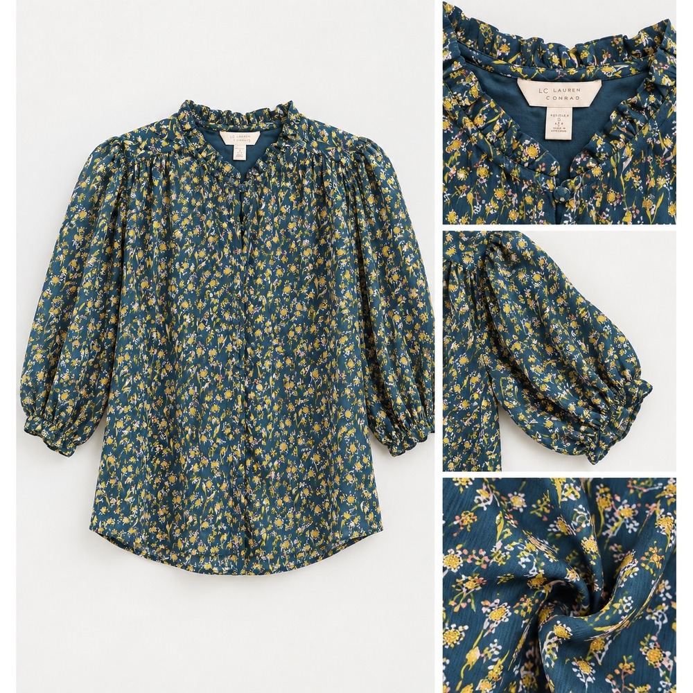 LC Lauren Conrad Floral Gold Foil Ruffle Neck Puff Sleeve Blouse 3X Plus